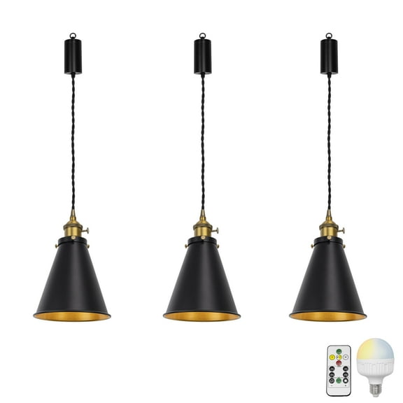 KAYYELAMP 3 Pcs Remote LED Bulb Rechargeable Battery Adjusted Height Hanging Light Dimming Timing Brass Finish Base Black Metal Inner Gold Lamp Vintage Design for Stairs Farmhouse