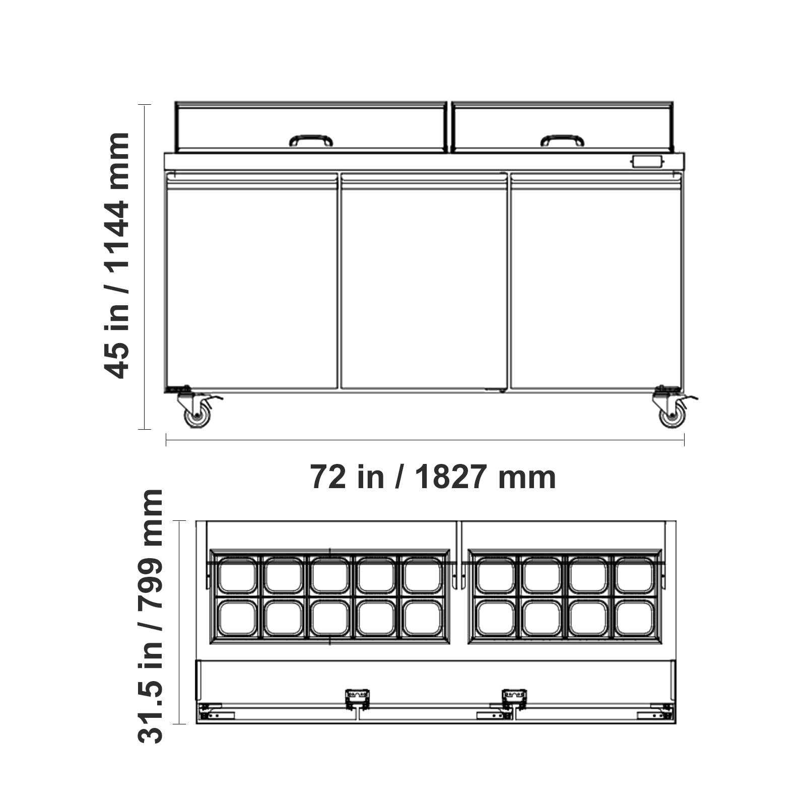KFFKFF 72"W Commercial Refrigerator, 18.7 Cu. Ft Sandwich Prep Table, Food Prep Fridge with 18 Pans and Cutting Board, Stainless Steel Salad Prep Cooler for Restaurant and Food Truck