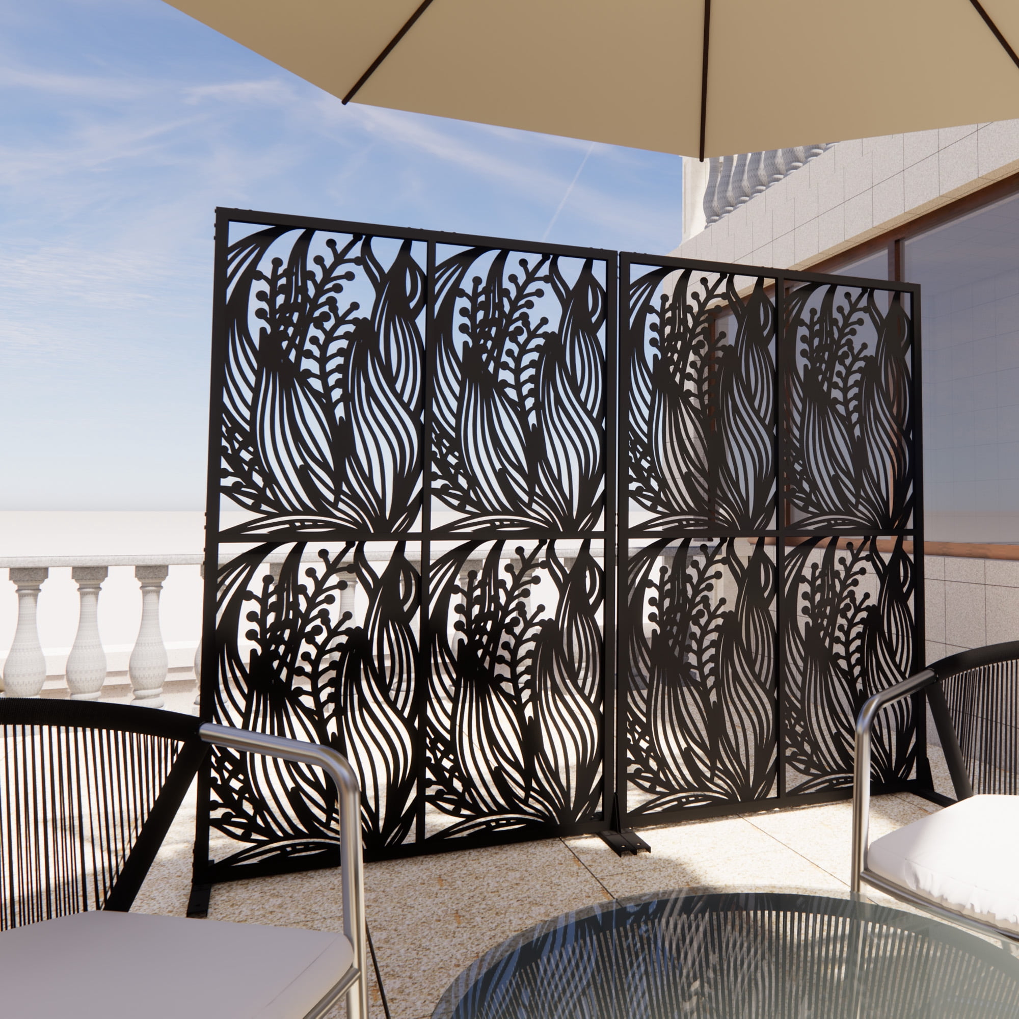 Aukfa Metal Privacy Screens,Outdoor & Indoor Divider w/ Stand Panels Freestanding Screen Set,Leaf Shape Black