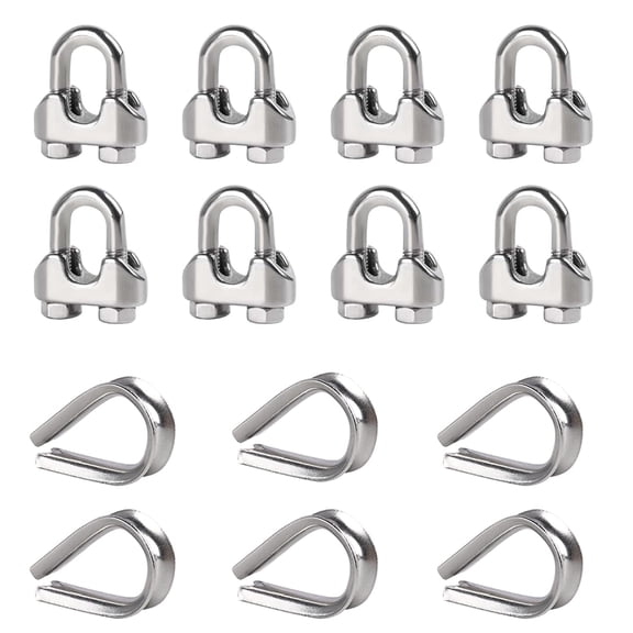 Tootaci 8Pcs 3/8" M10 Wire Rope Clamps and 6Pcs M10 Metal Cable Thimble, Stainless Steel Cable Clamps Kit