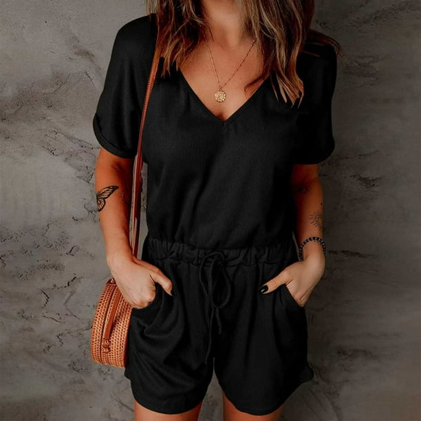 Summer Jumpsuits for Women Short Sleeve V Neck Solid Color Casual Loose Fit Shorts Rompers Tie Waisted with Pockets