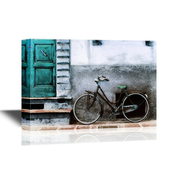 wall26 - Doors Canvas Wall Art - Vintage Bicycle Against The Wall in Front of The Door to The House. Italy. Toscana - Gallery Wrap Modern Home Art | Ready to Hang - 12x18 inches