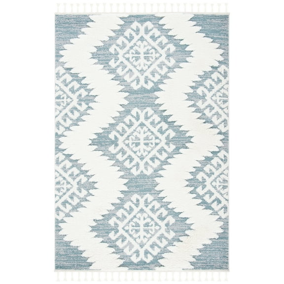 SAFAVIEH Moroccan Tassel Desmond Southwestern Shag Area Rug, Teal/Ivory, 5'3" x 7'6"