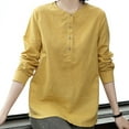 thumbnail image 6 of JGGSPWM Women's Round Neck Cotton Linen Loose Button Collar Shirt Top Long Sleeve Breathable Comfortable Shirt Top Yellow XXXXL, 6 of 9