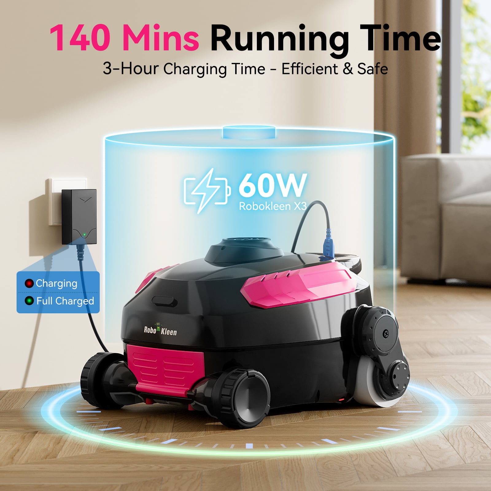 Robokleen RK-X3 Cordless Robotic Pool Vacuum Cleaner Wall-Climbing for In-Ground and Above Ground Pools, 140-Min Runtime,8L Large Capacity,Pink
