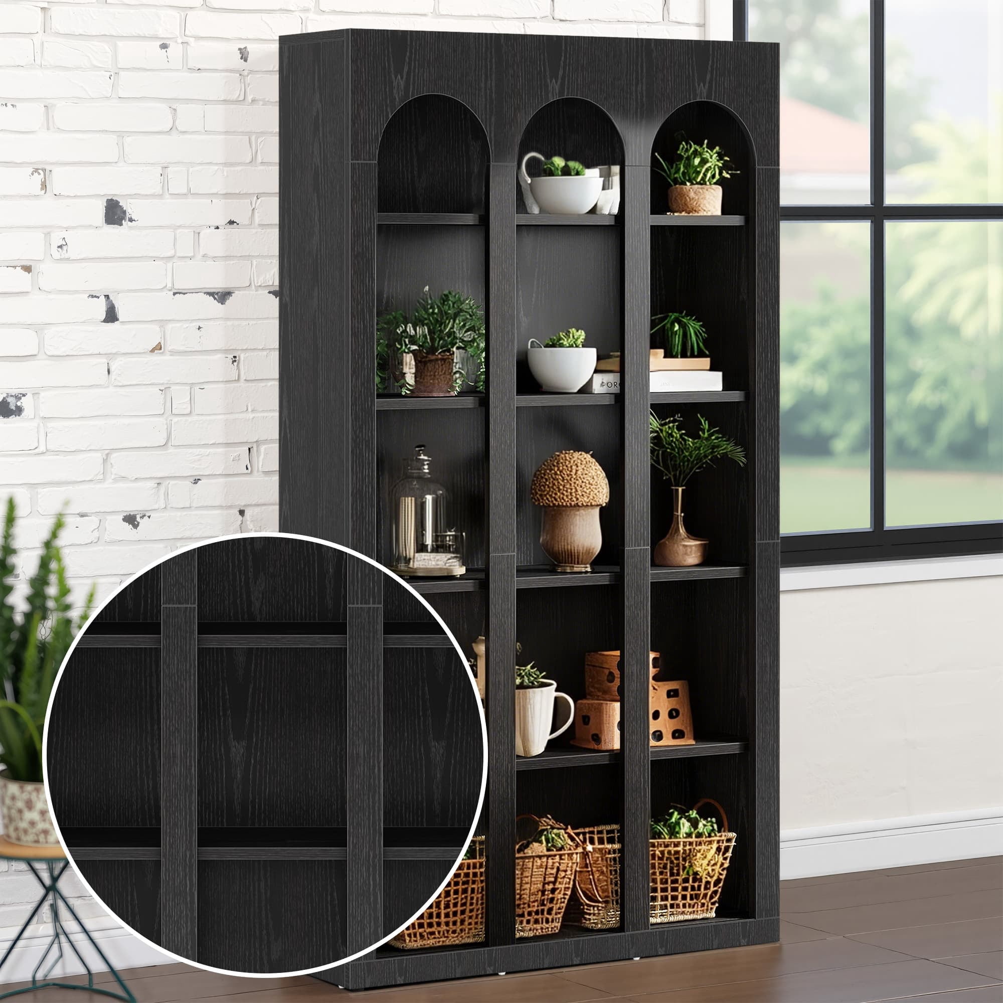 MAYEERTY Vintage Farmhouse Arched 5-Tier Tall Bookcase, 70.8 Inch Wide Curved Top Open Display Storage Shelf