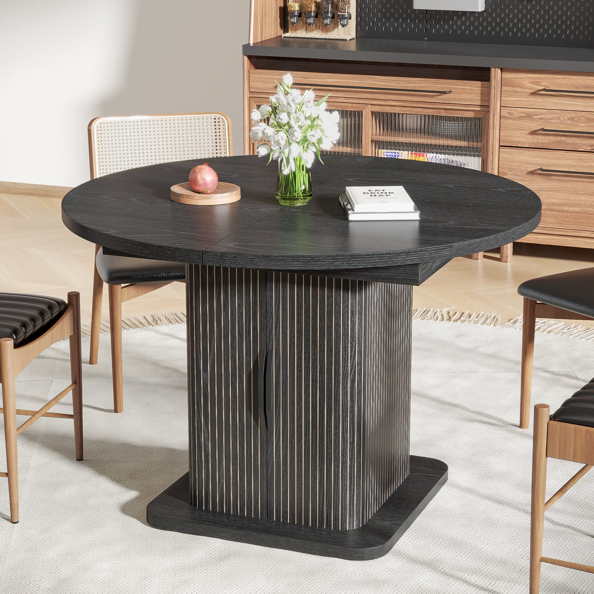 Round Dining Table for 4-8, 43.3''-59'' Extendable Kitchen Table Dinner Table with 2-Layer Storage Shelf and Wood Slide Door for Home Living Room, Black