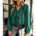 thumbnail image 4 of Blusa de manga larga con cuello en V, diseño de empalme de encaje con volantes, ajuste holgado, Color puro, Top informal para mujer para todas las estaciones, 4 of 8