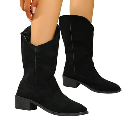 GHSOHS Cowboy Boots for Women Mid Calf Boots Leather Boots for Women Black Boots Knee High Boots Retro Solid Suede Pointed Thick Heel Mid Length Boots Rain Boots Dress Shoes Wide Calf Boots Size 42