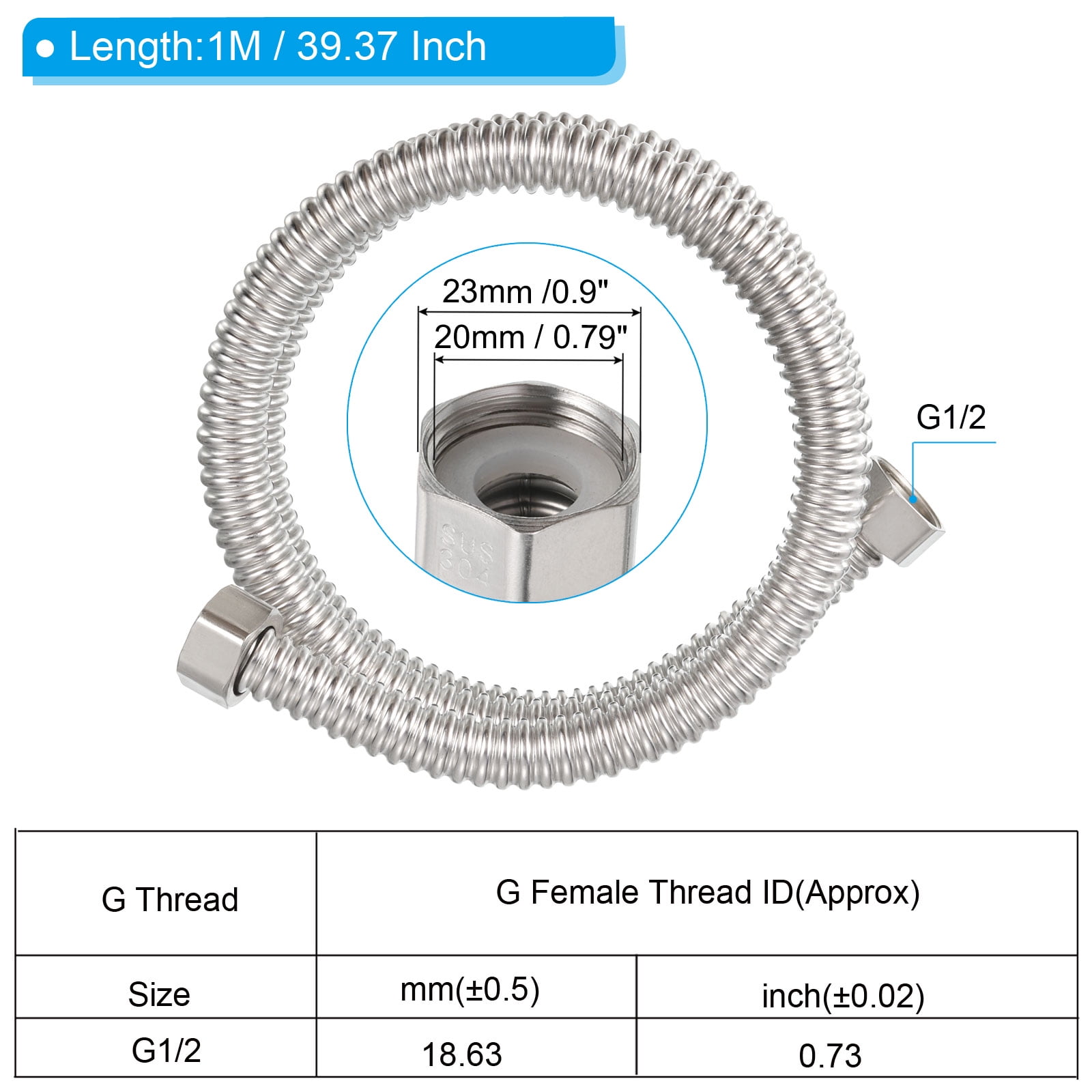 Uxcell G1/2 x 39.37 Inch Flexible Stainless Steel Water Heater Hose, 2Pcs Corrugated Water Heater Connector Hose