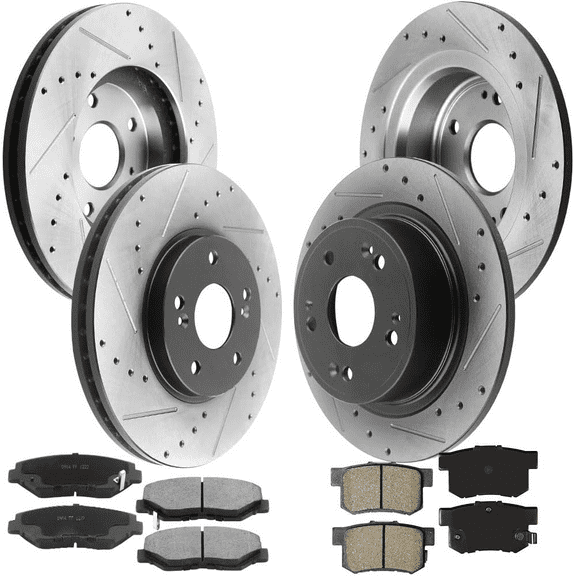 MotorbyMotor Front & Rear Brake kits Rotors and Ceramic Pads fits for 2003-2007 Honda Accord (2.4L Rear DiSC Models) E-Coating Drilled & Slotted Brake Rotor & Brake Pad
