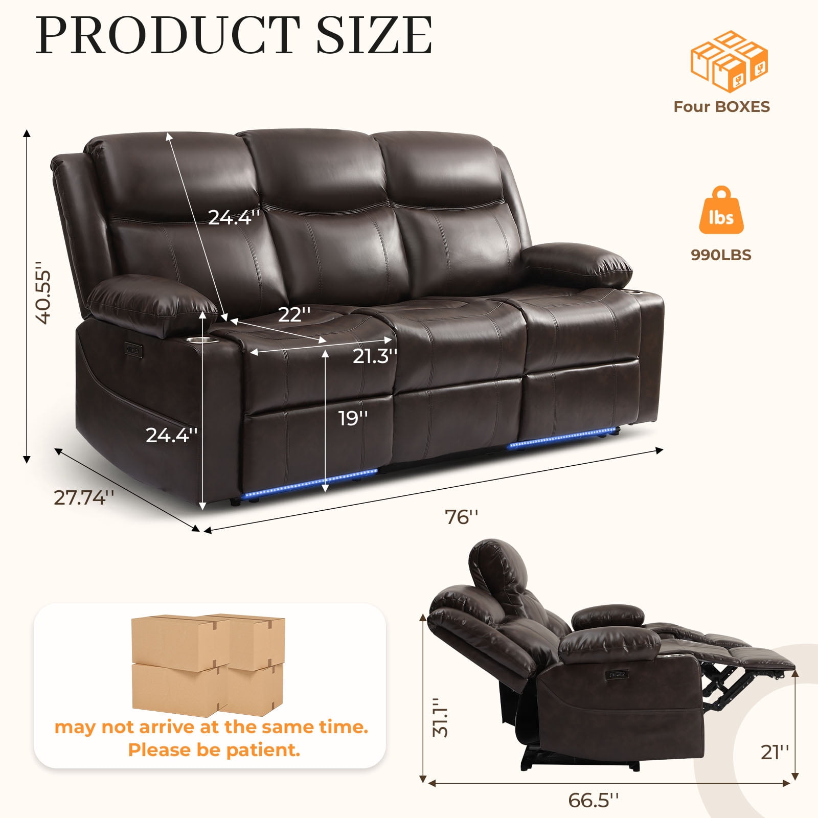 76" Power Reclining Loveseat Sofa, Electric Home Theater Seating with Motorized Buttons/Side Pocket/Cup Holders/4 Colors Ambient Lighting/USB Port/Type-C