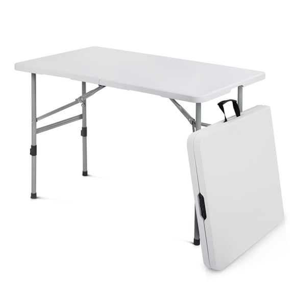 BEZT 48" (4 Foot) Plastic Foldable Table, Indoor Outdoor Desk with Carrying Handle and Height Adjustable, White Top/Grey Leg