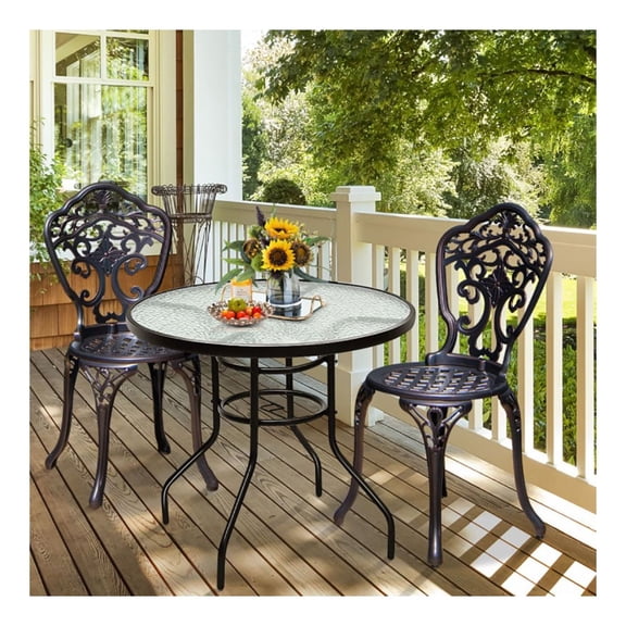 32 Inch Patio Tempered Glass Steel Frame Round Table with Convenient Umbrella Hole
