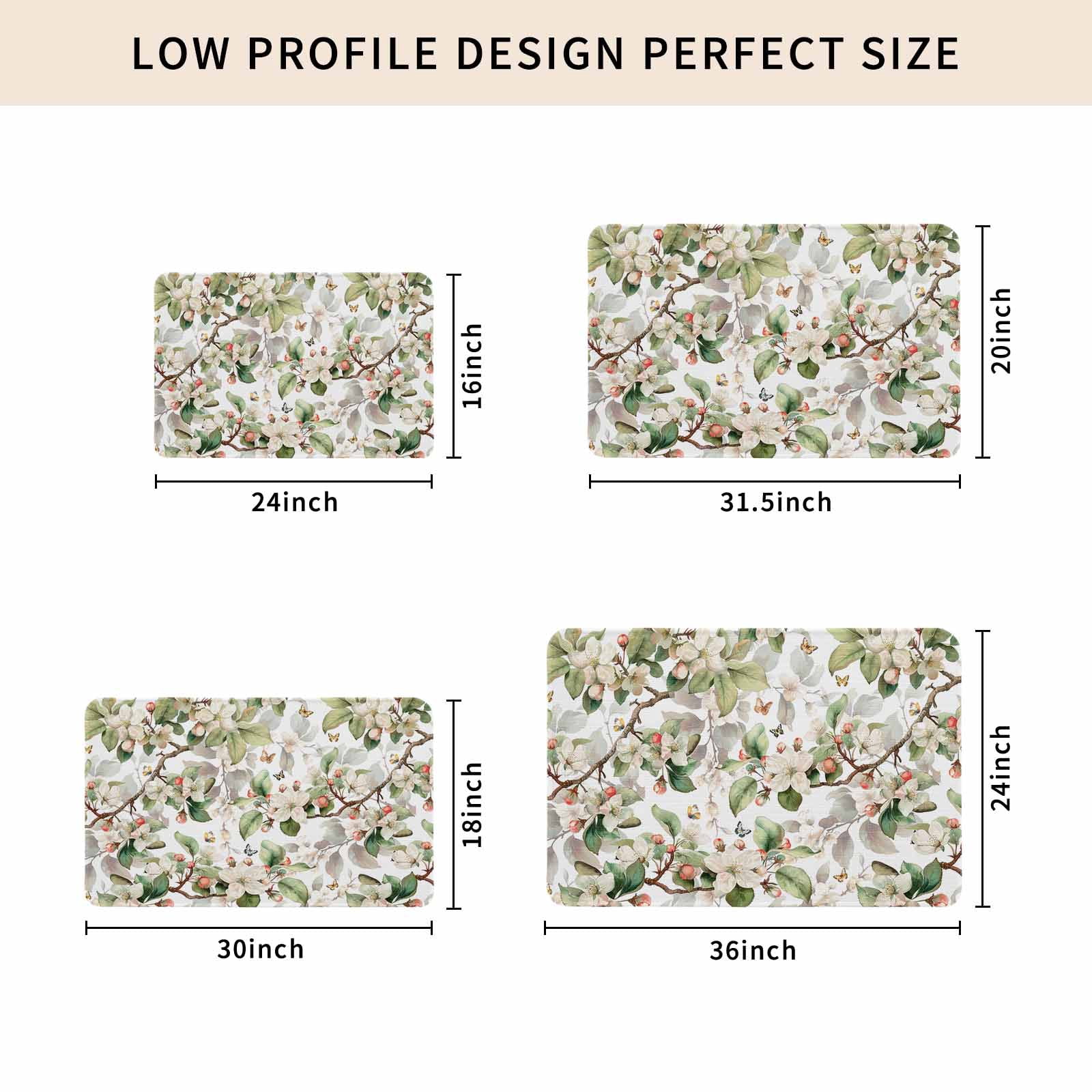 Spring Floral Doormat Outdoor Entrance 24"x36", Green Botanical Flowers Watercolor Absorb Moisture Dirt Door Mats, Non-Slip Rubber Backing Floor Mats Indoor, Low-Profile Front Door Rugs