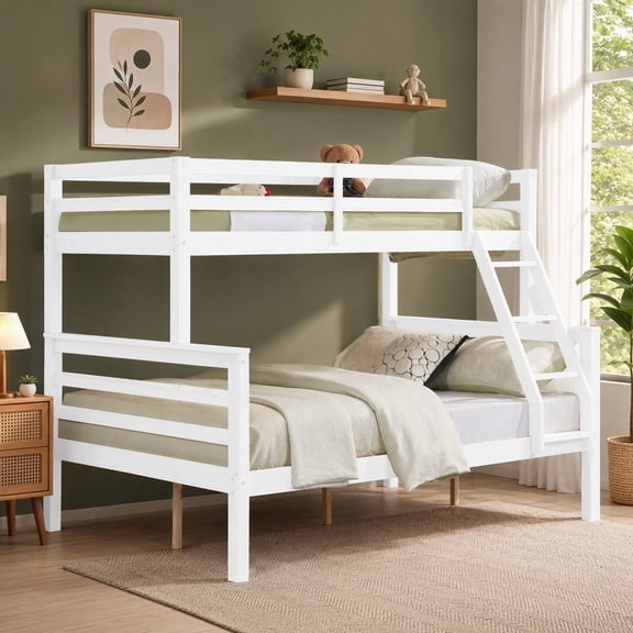 Twin over Full Bunk Bed with Thick Posts, Solid Wood Bed Frame with High Guardrails and Built-in Ladder for Guest Rooms and Dorm Rooms, No Box Spring Needed, White