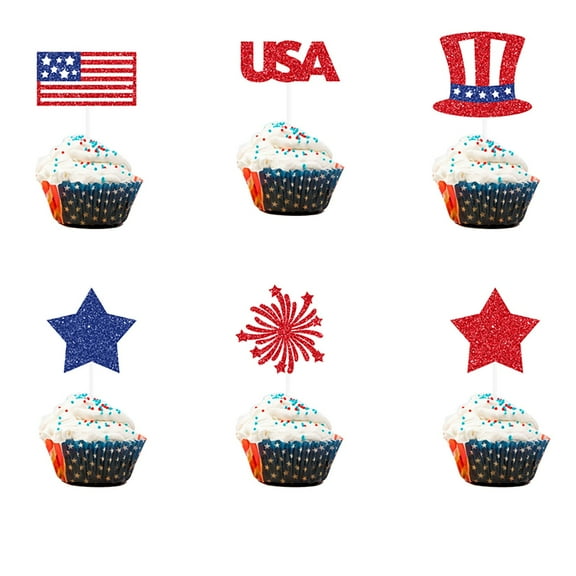 American Flag Patriotic Cupcake Toppers 4th Of July Double Sides Glitter Star Cupcake Toppers Cake Toppers Picks Independence Day Cupcake Party Decorations Supplies Favors