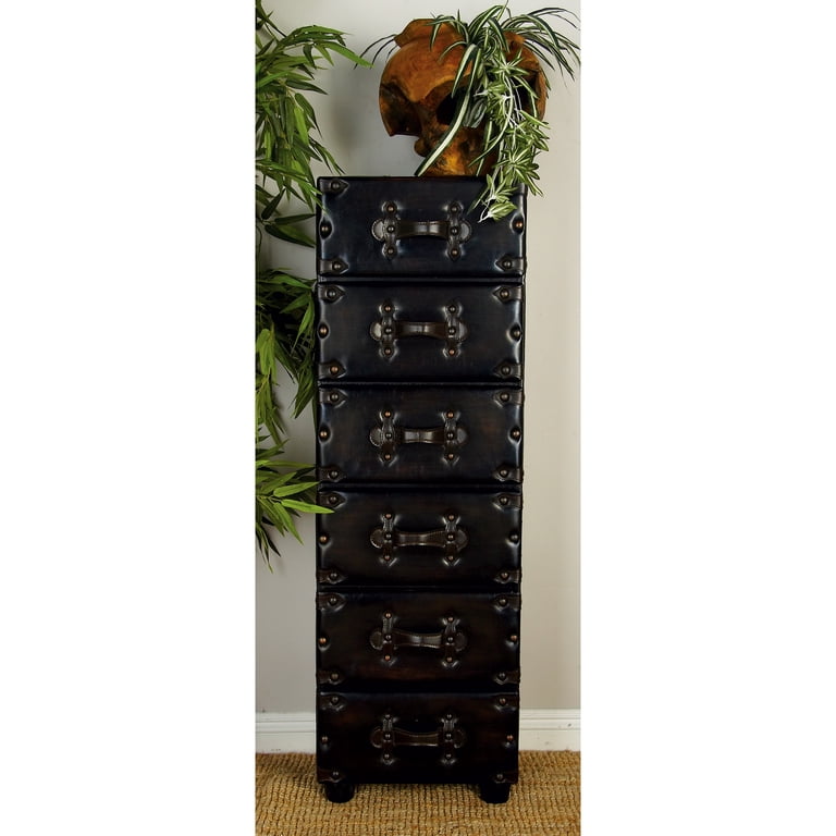 DecMode 16" x 50" Brown Wood Vintage Faux Leather 6 Drawer Chest with Rivets and Straps Detailing, 1-Piece DecMode 16" x 50" Brown Wood Vintage Faux Leather 6 Drawer Chest with Rivets and Straps Detailing, 1-Piece