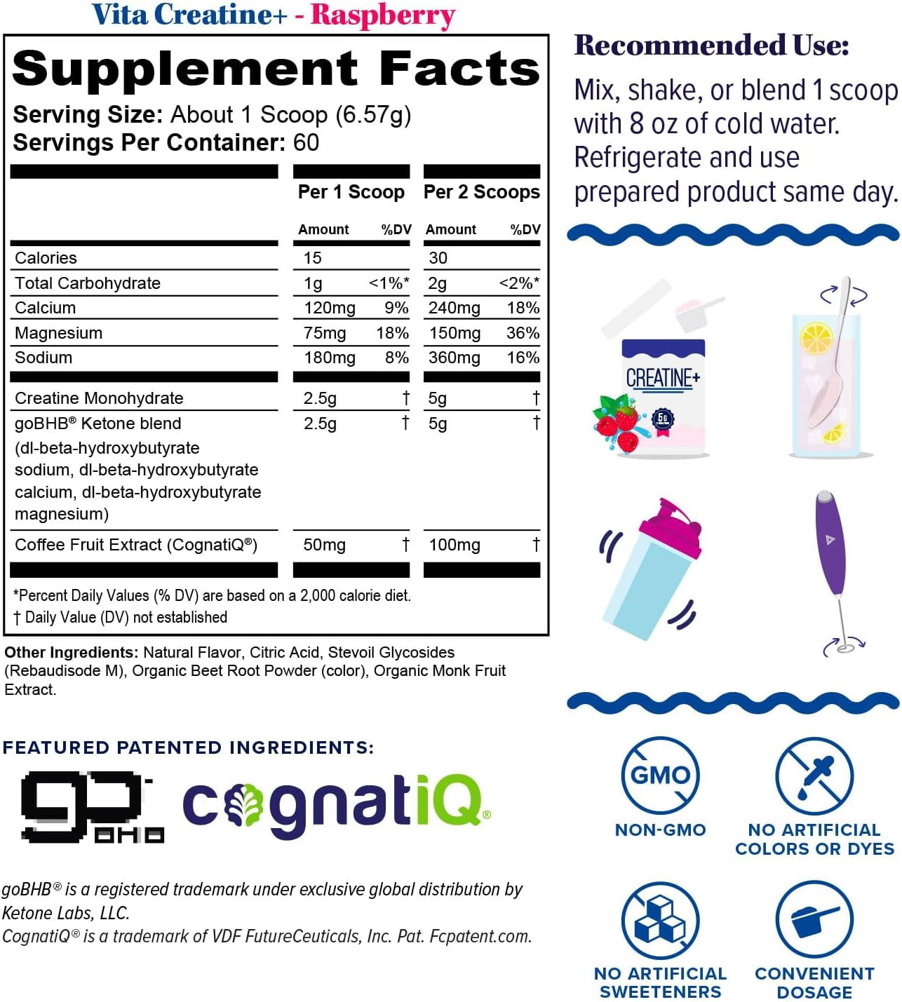 Vitauthority Creatine Powder for Women with goBHB and CognatiQ, Raspberry, 60 Servings