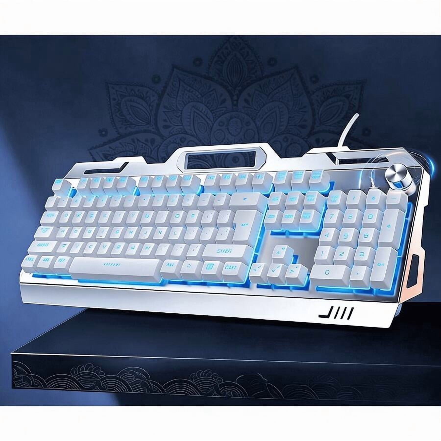 White Gaming Mechanical Keyboard, Blue LED Backlit, Multimedia Knob For Audio & Brightness, Heavy-Duty Metal Construction, Adjustable Knob