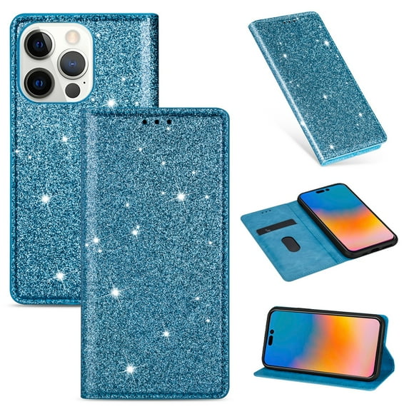 SaniMore Magnetic Flip Wallet Case for iPhone 14 Pro 6.1", PU Leather Ultra-Thin Glitter Cover Buil-in Card Slot & Kickstand Shockproof Protective Shell for iPhone 14 Pro, Skyblue