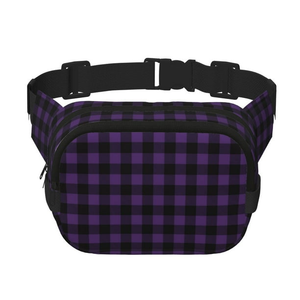 Fotbe Purple Black Plaid Cangurera Cuadrada con Estampado de Doble Capa, Bolsa de Cintura Ajustable Mini para Hombres y Mujeres