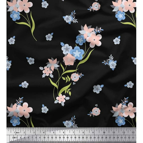 Soimoi Rayon Fabric Leaves & Periwinkle Floral Print Fabric by the Yard 42 Inch Wide