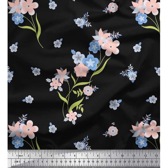 Soimoi Cotton Duck Fabric Leaves & Periwinkle Floral Print Fabric by Yard 42 Inch Wide