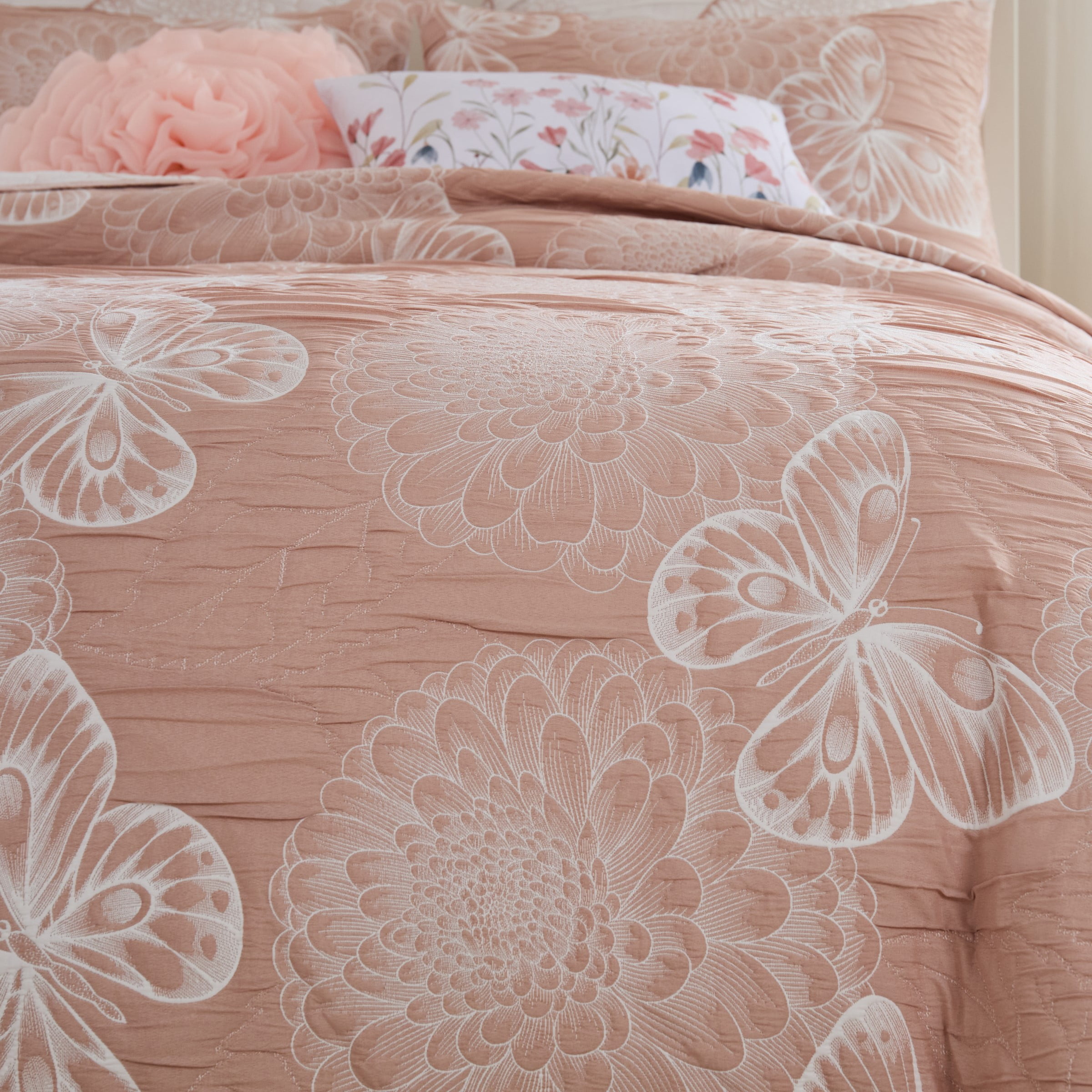 Greenland Home Fashions Mariposa Blossom and Butterfly Pink Matelassé Reversible Coverlet Set, 3-Piece King/Cal King