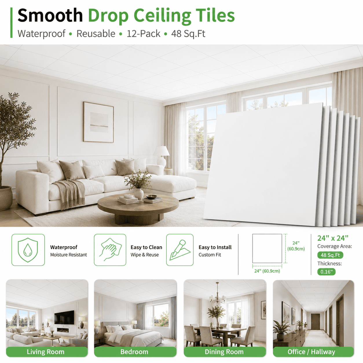 Yeslife 12-Pack 2ft x 2ft PVC Drop Ceiling Tiles, White, Waterproof Reusable Planks for Home Office, 48 sq ft Cover