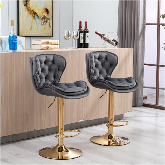 JERFIT 2-Pack Swivel Bar Stools with Chrome Base, Adjustable Height and Velvet Upholstery for Kitchen Island, Living Room, Gray