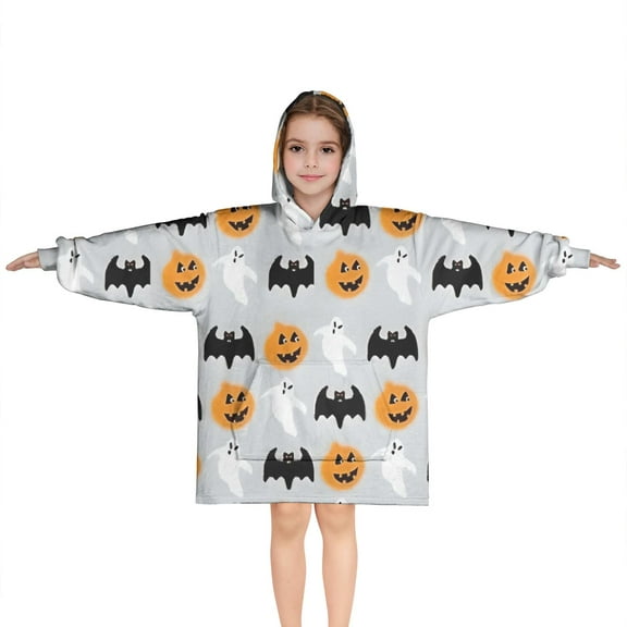 Halloween Pumpkin Ghost Bat Pattern Blanket Hoodies for Kids 6-13YR Oversize Wearable Blanket Hoodies for Boys Girls Teens
