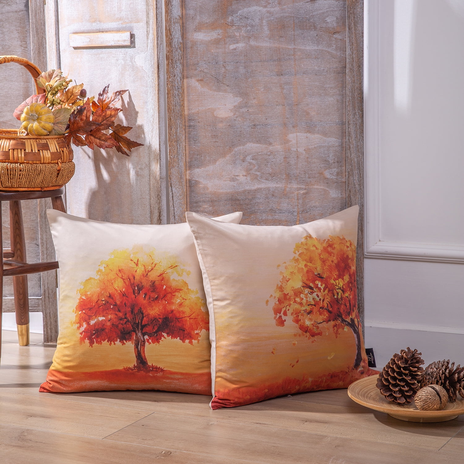 Phantoscope Season Series Decorative Throw Pillow Covers, Autumn Orange Tree, 18" x 18", Set of 4
