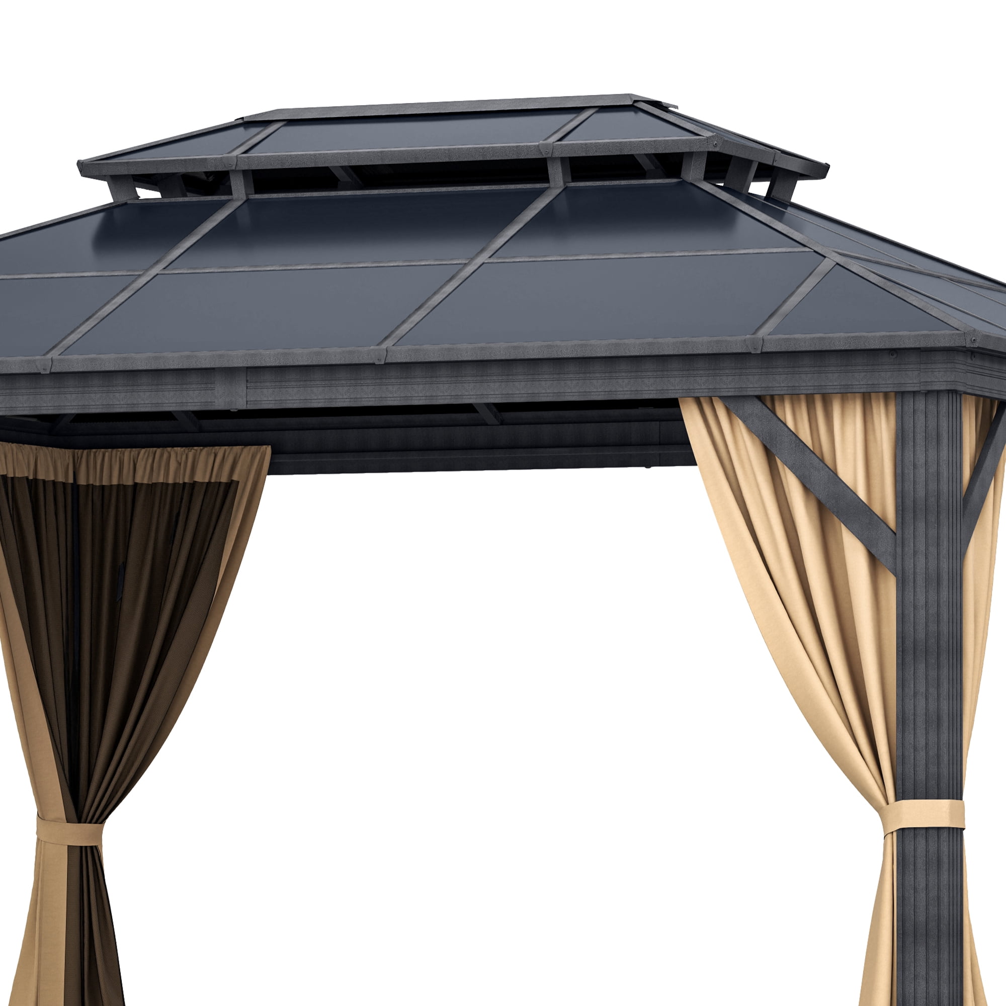 Dextrus 10'x12' Outdoor Hardtop Polycarbonate Gazebo with Nettings & Brown Curtains,Heavy Duty Double Roof Aluminum Frame Polycarbonate Canopy, Sunshade for Garden, Patio, Lawns, Black&Brown