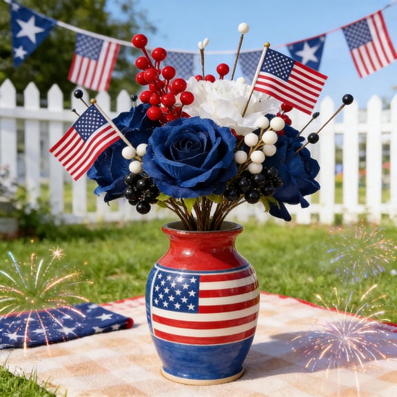 AZXY 13.78 Inch 4th of July Patriotic Artificial Rose Bouquet, Red White Blue Fake Flowers with Berries, Faux Floral Arrangement for Memorial Day Labor Day Vase Table Centerpieces Home Party Decor