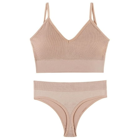 

Women Wheel-Free Bra and Thong Set Rib Underwear High Cut Panties Solid Color Push-up Camisole for Daily Sports No Trace Girl s Underwear XL Light Pink
