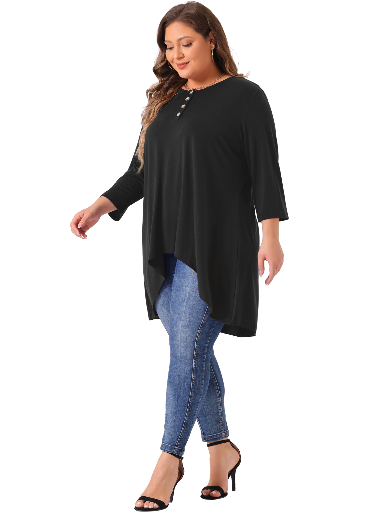 DARING DIVA Women's Plus 3/4 Sleeve High Low Loose Fit Tunic Tops 3X Black