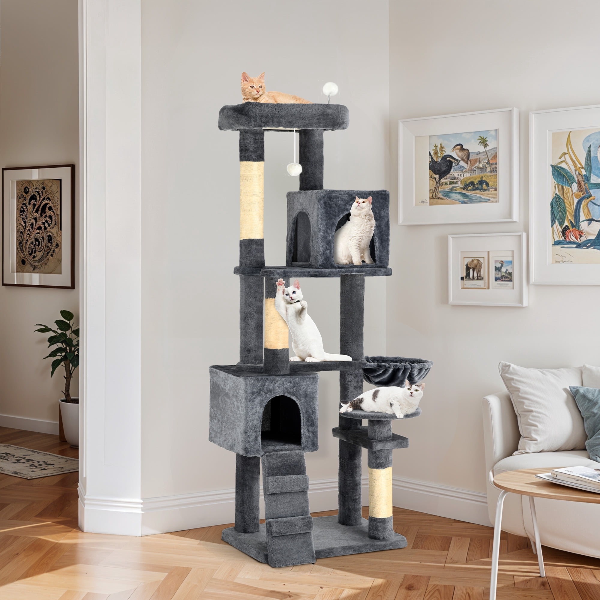 Uforic 70" Cat Tree Condo Multi-Level Tower with Scratching Posts & Cozy Basket for Indoor Cats, Dark Gray