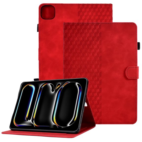 GSFY Case for iPad Pro 11 Inch (M4) 2024 (5th Gen), PU Leather Slim Wallet Stand Protective Smart Shell with Auto Sleep Wake Feature for iPad Pro 11 Inch Tablet, Red Blocks