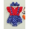 thumbnail image 2 of Chollius Infant Baby Girls Independence Day Romper Ruffles Sleeve Stars Print Patchwork Overalls Bow Headband Summer Ckothes, 2 of 9
