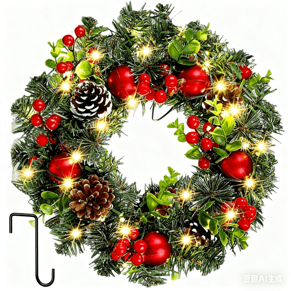 Christmas Wreath With Lights For Front Door, Artificial Door Wreaths With Led Lights Bells Berries & Pinecones Christmas Decorations, Pre-Lit Xmas Wreaths For Wall Window Fireplace Holiday Home Decor