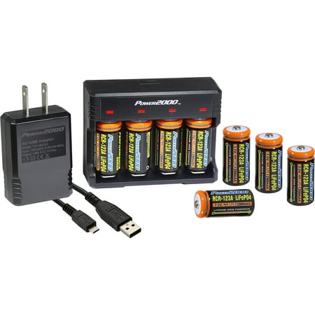 Power2000 CR123A 8-Pack LifePO4 Rechargeable Batteries & Charger Kit with USB