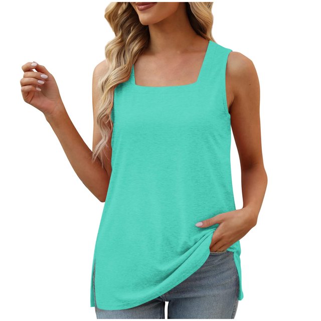 UPPADA Womens Square Collar Tank Top Ruffled Color Block Striped Tank Tees Summer Casual Loose Fit Sleeveless Shirt Square Neck Tank Top Casual Flowy Beach Tops Womens Tops Clearance Mint Green,L