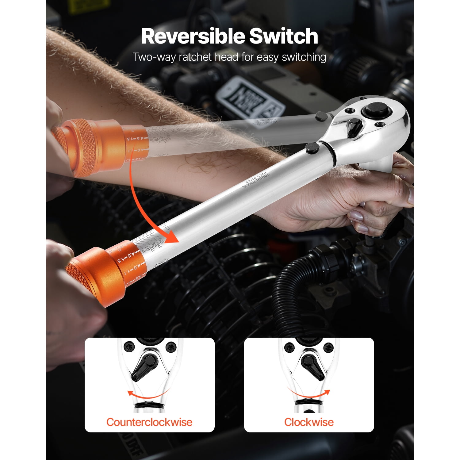 KFFKFF Click Torque Wrench Set, 3/8 Inch Drive, 5-60 N.m / 3.7-44.3 lbf.ft, Dual-direction, 72-Tooth, ±3% Accuracy, Includes Sockets, Bits, Extension Bar, Spark Plug Sockets, Adapter, Orange
