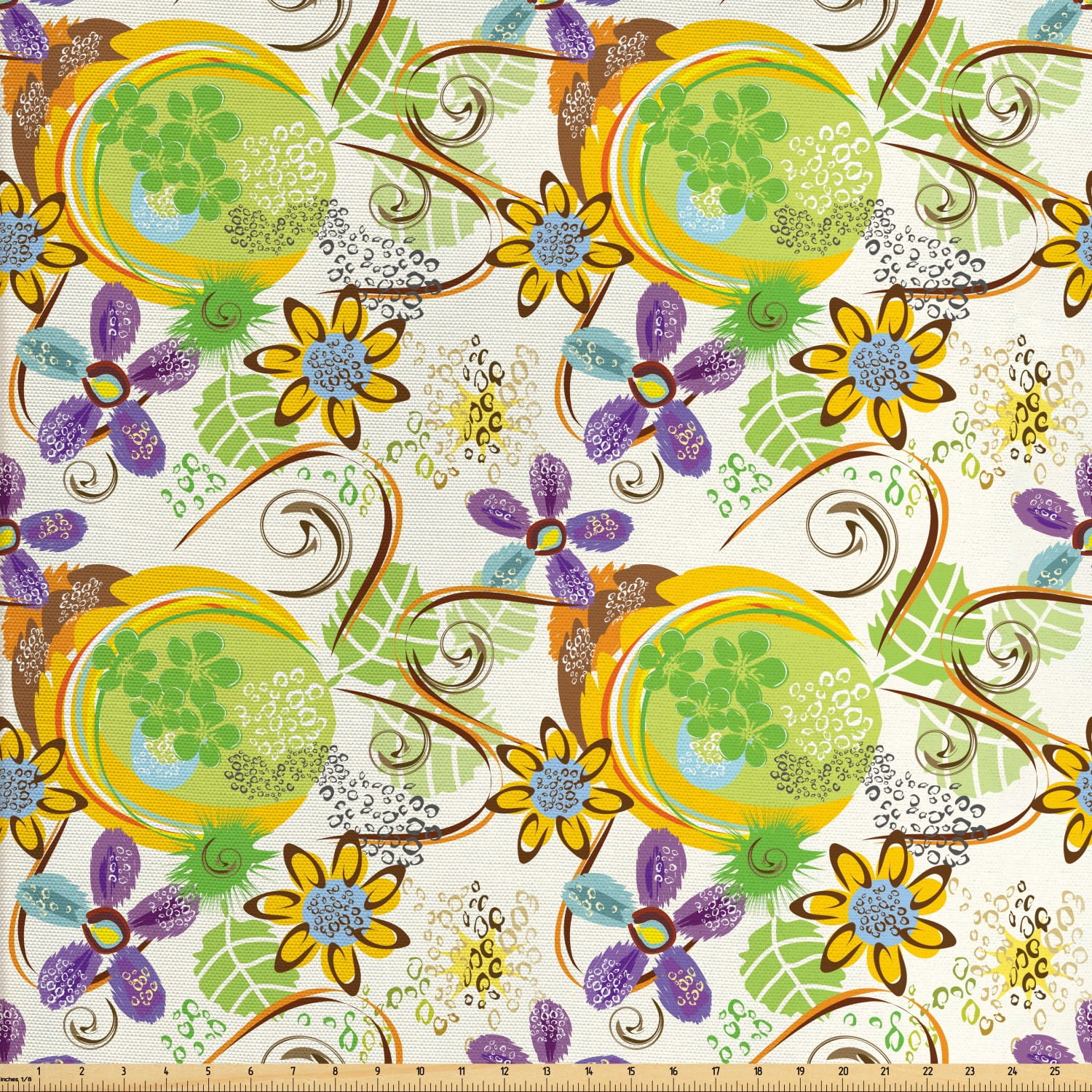 Abstract Fabric by The Yard, Floral Composition with Doodle Style