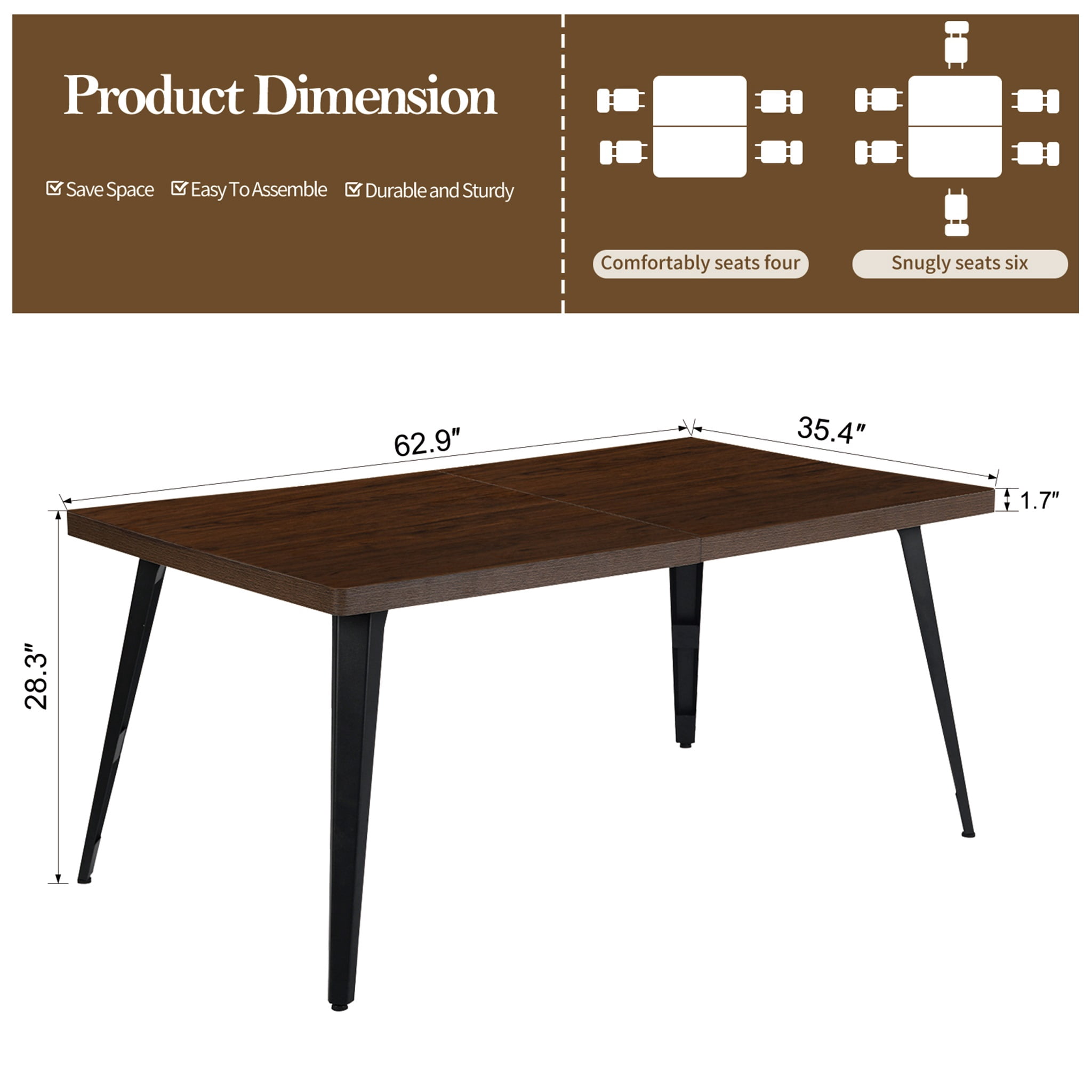 Homy Casa 63-inch Rectangular Dining Table for 4-6 with Metal Legs, Dark Brown