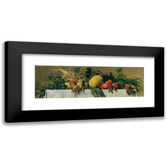 Johann Peter Krafft 14x7 Black Modern Framed Museum Art Print Titled - Still Life with Fruit and Vegetables on a White Tablecloth (1830-1840)