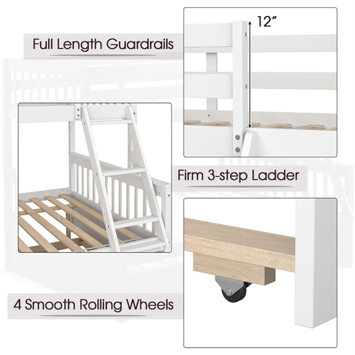 Demi Bonn Twin Pull-Out Bunk Beds with Ladder in the Steps and a Trundle, Full Convertible Bunk Bed Platform, White