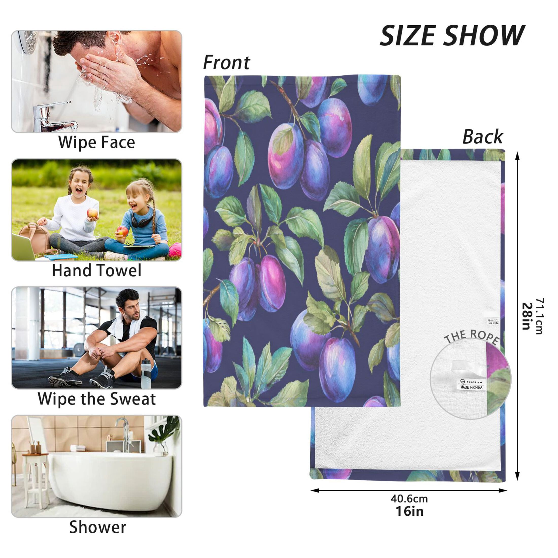 2 Pieces of Cotton Towel Face Towel Set Hand Towel Bath Towel Cotton Bath Towel Sets Watercolor Seamless Plums