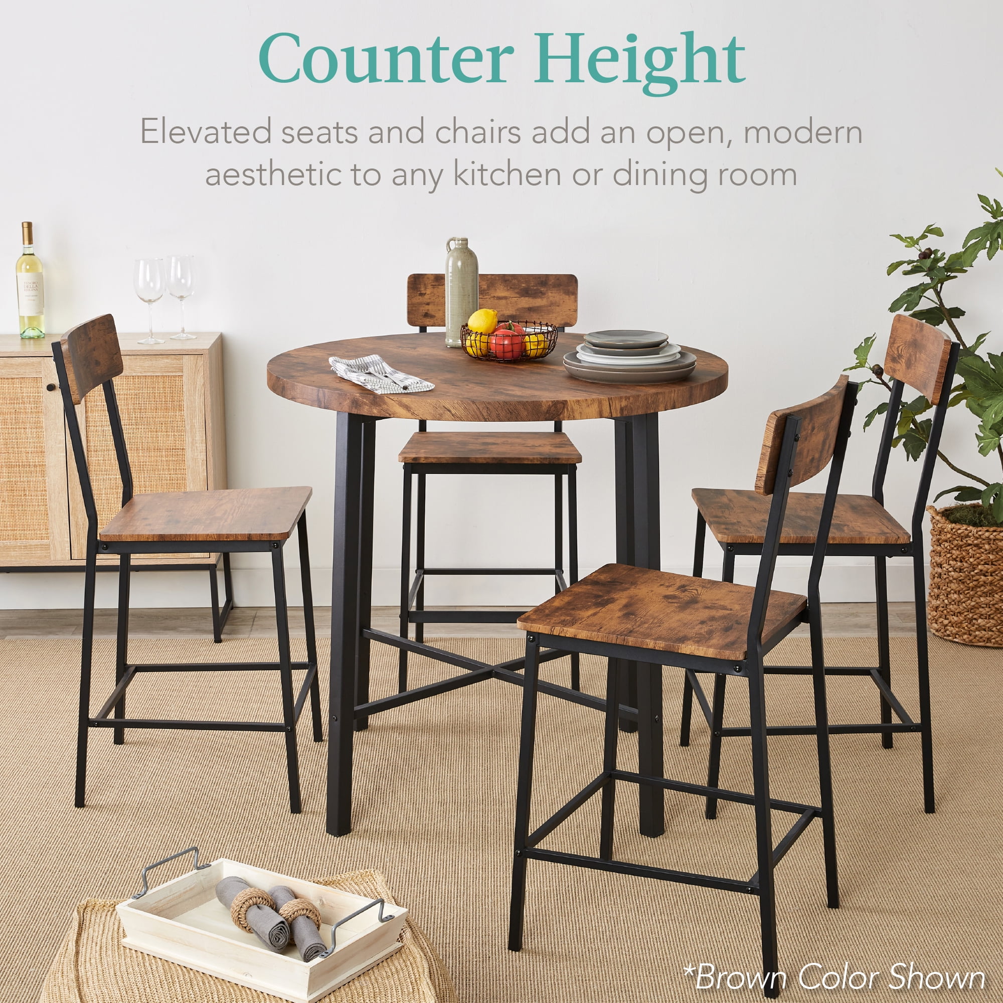 Best Choice Products 5-Piece Modern Round Counter Height Dining Set w/ 4 Chairs, 1.5in Thick Table - Natural